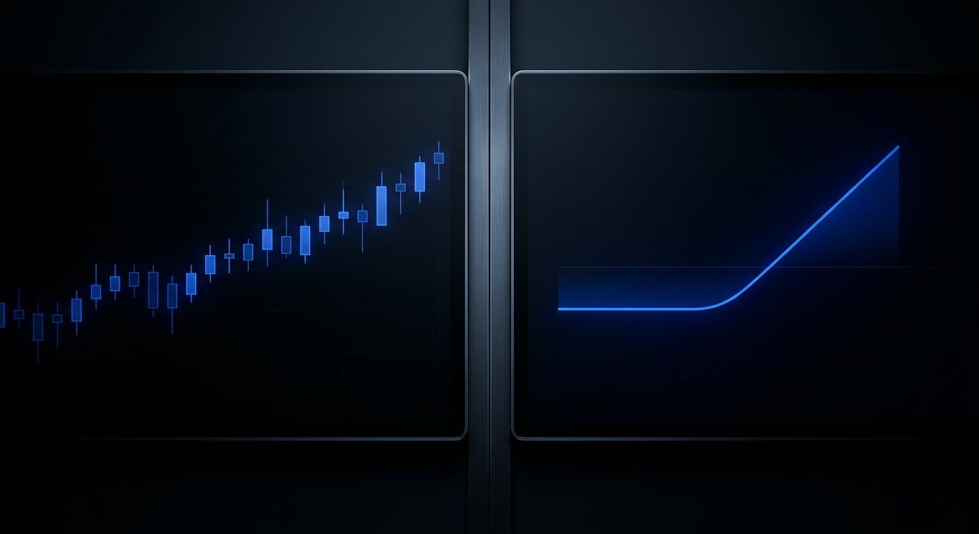 Split screen comparing a forex candlestick chart with an options payoff curve representing FTMO vs vanquish trader