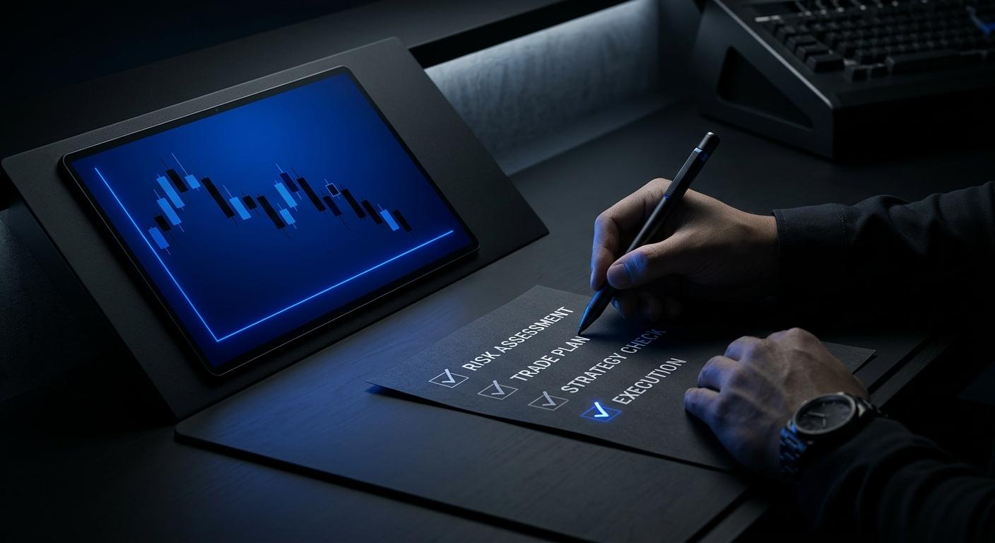 Trader working through a checklist beside an options chart while preparing for a prop firm evaluation