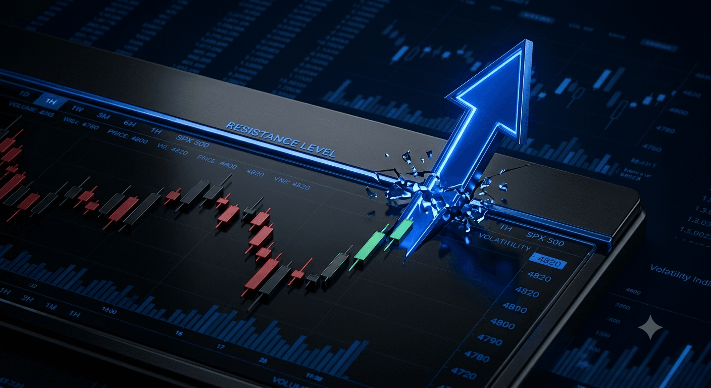 Long call option illustrated as an upward arrow breaking through a price ceiling against a dark financial chart background