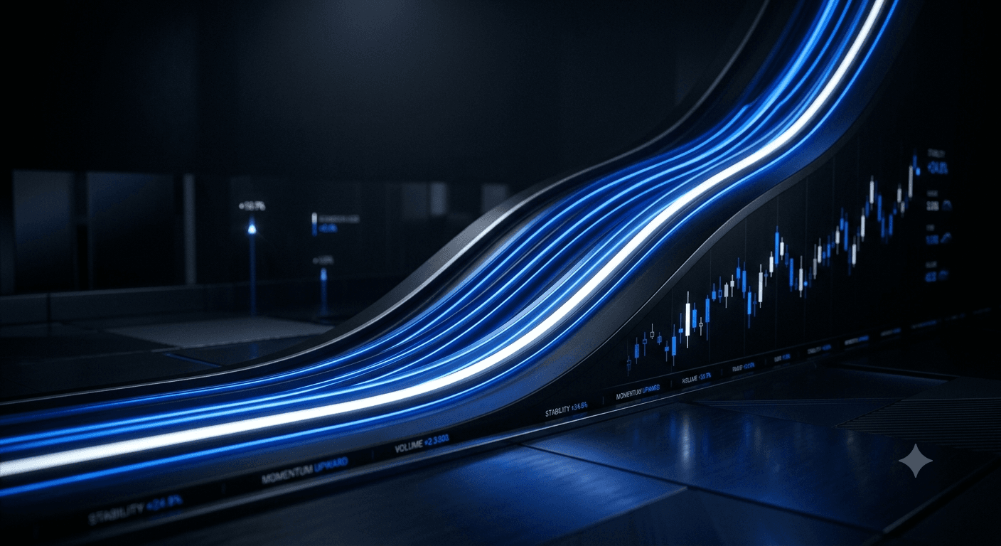 Short put option strategy concept with abstract blue upward curves on a dark financial background
