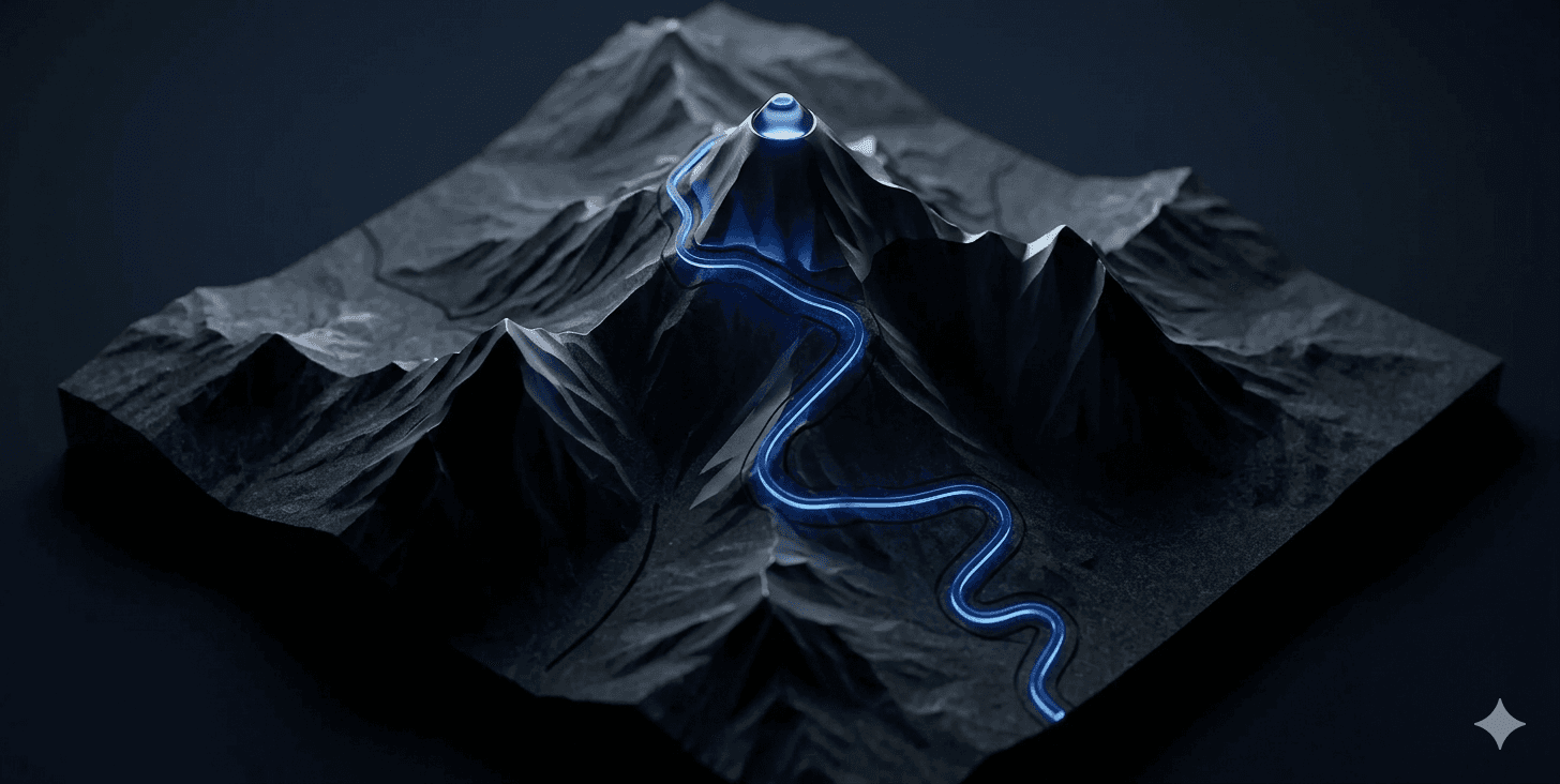 Aerial view of a mountain trail descending from the peak, representing trailing drawdown following account equity highs.