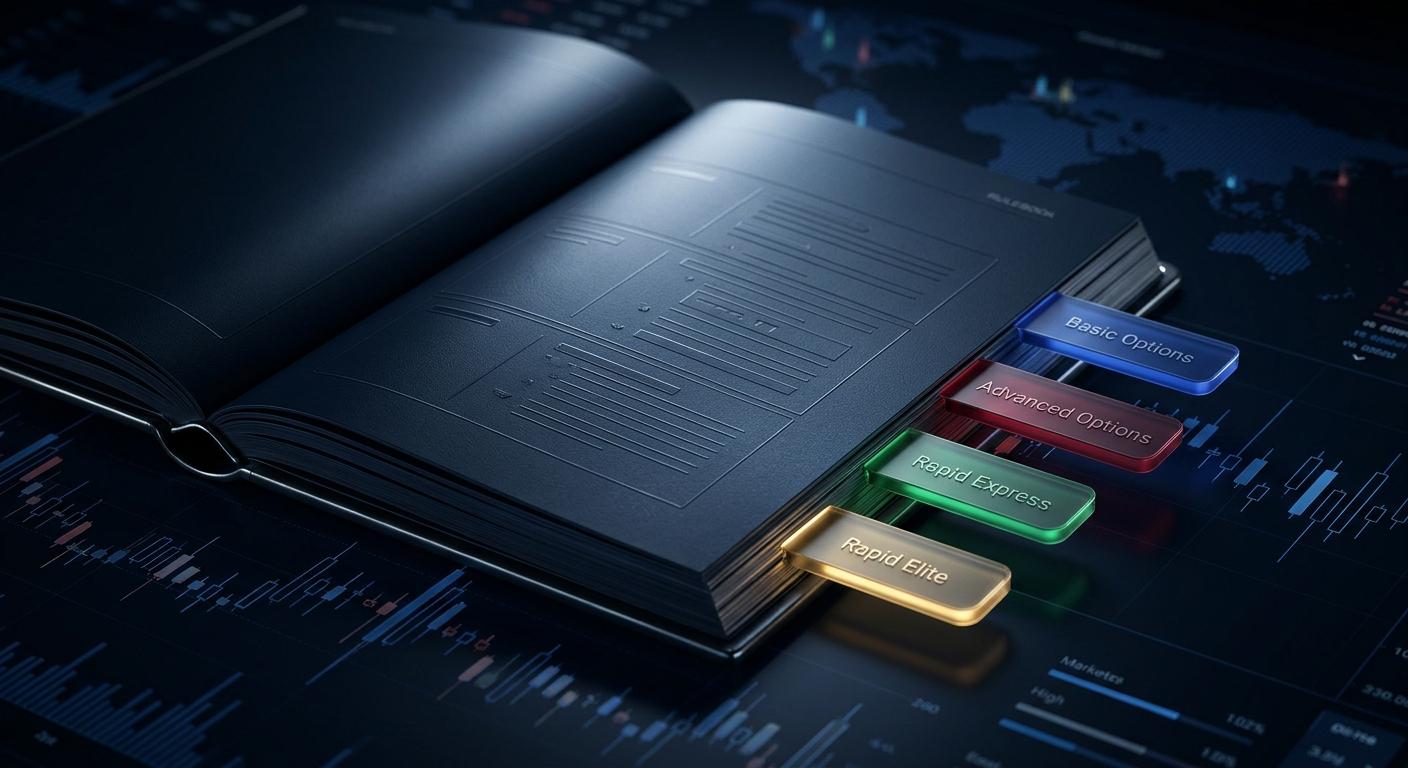 Open rulebook with tabs for the Vanquish Trader Rules for Basic Options, Advanced Options, Rapid Express and Rapid Elite plans