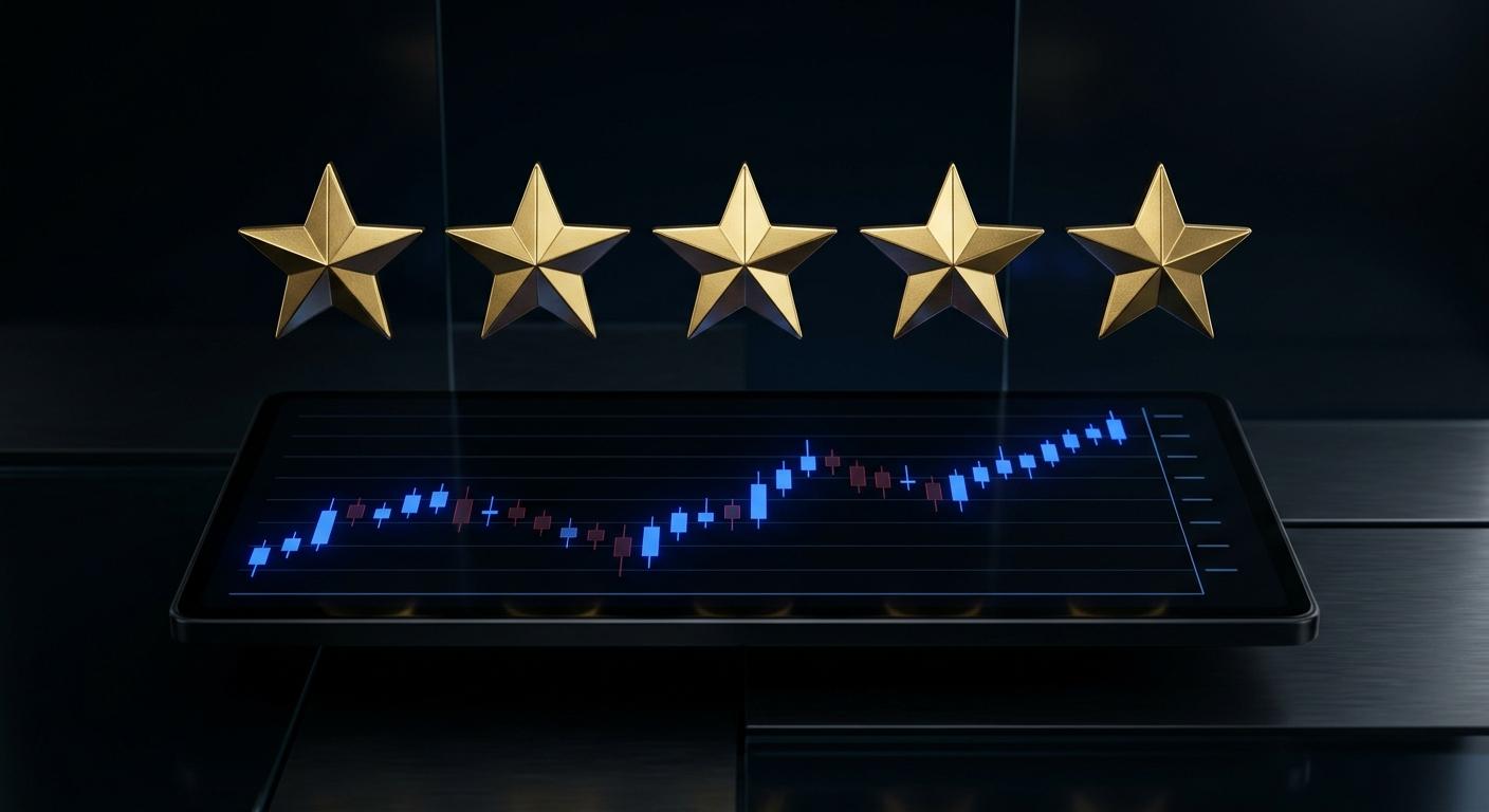 Row of gold vanquish trader review stars above a trading screen showing an options chart