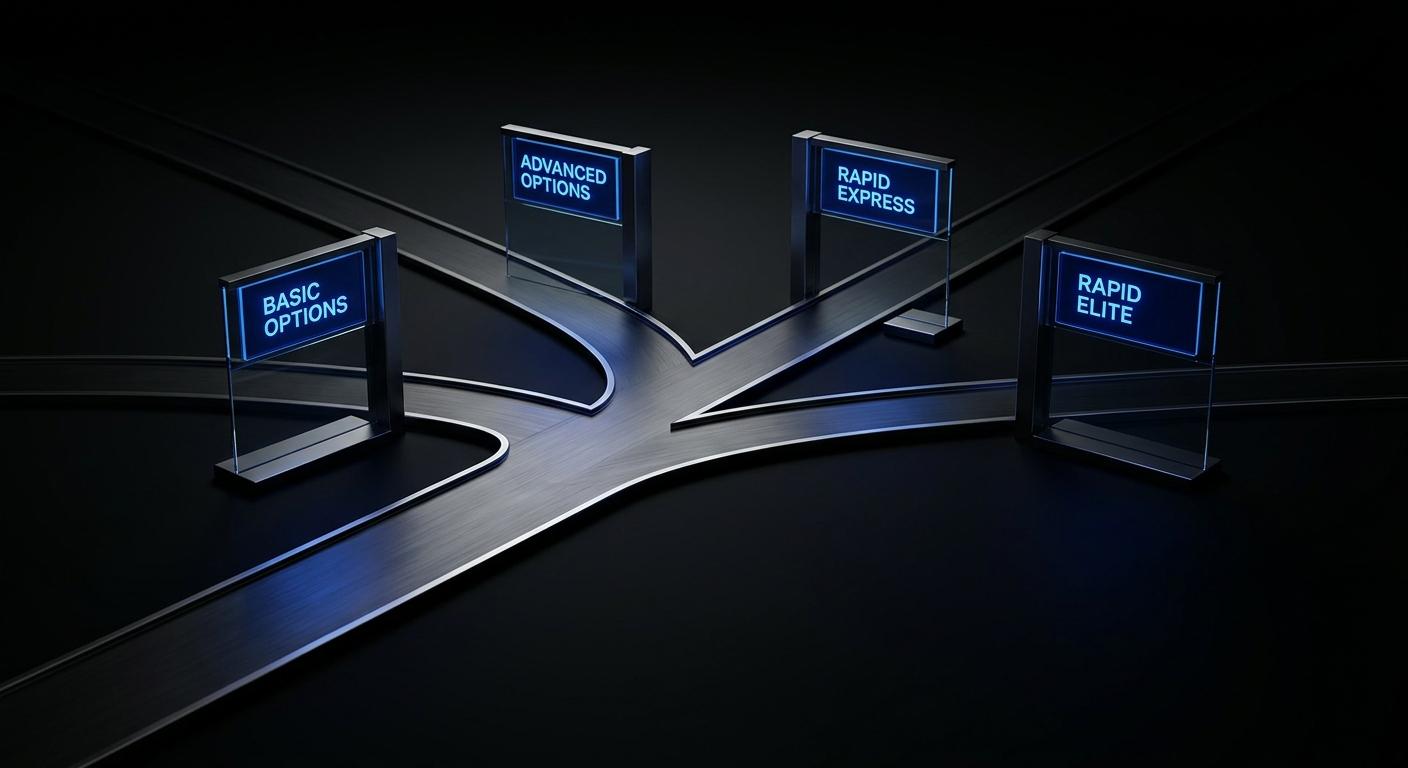 Trail splitting into four paths with signposts for the Basic Options, Advanced Options, Rapid Express and Rapid Elite plans